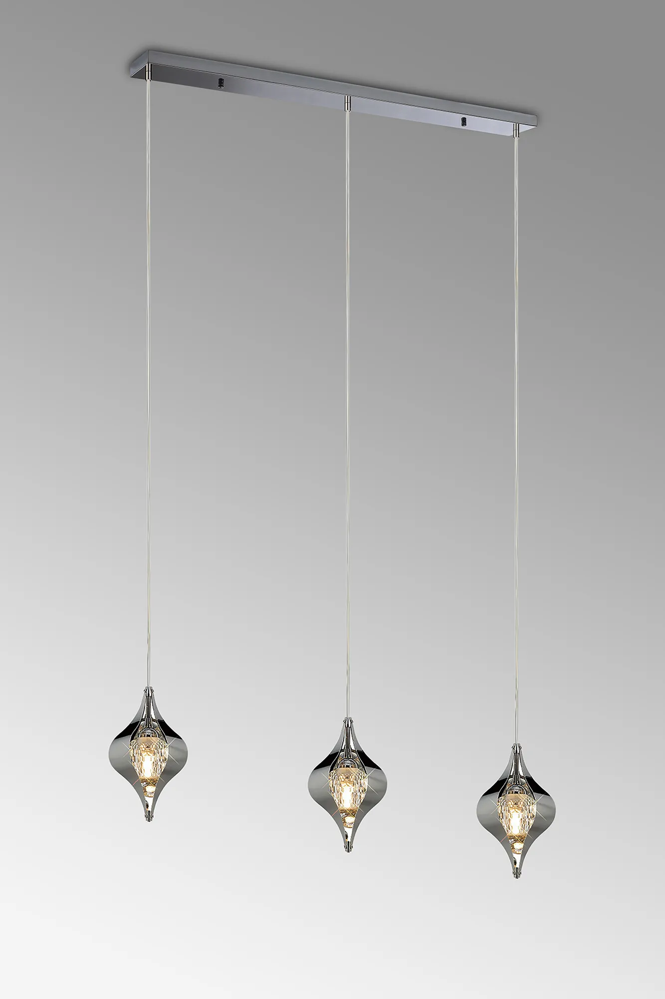 Amano Linear Pendant, 3 Light Adjustable G9, Polished Chrome/Crystal
